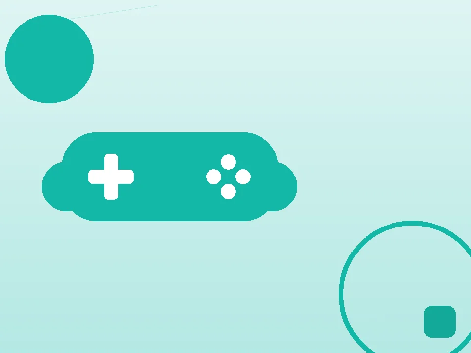Ícone de um comando de jogos com cruz direcional e botões, sobre fundo em tons de verde-azulado, marca visual da categoria com comando.