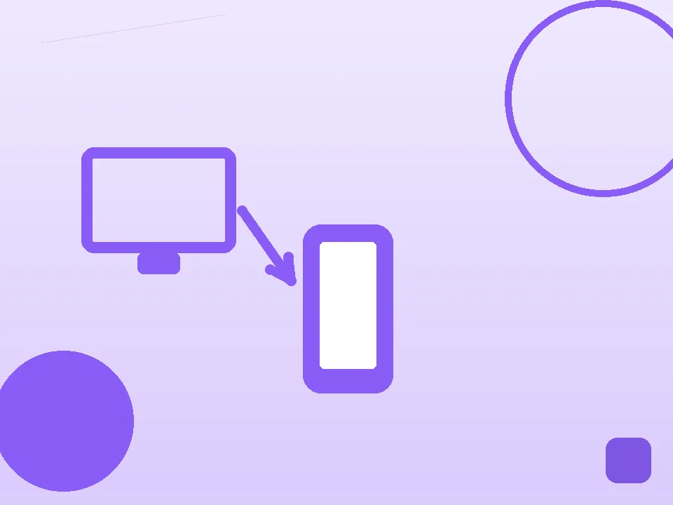 Ícone de um ecrã de computador a apontar para um telemóvel, sobre fundo em tons de roxo, marca visual da categoria portes de PC.